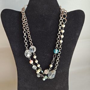 Plunder Necklace Multi Strand Beads Faux Pearl Crystal Silver Tone 18" Boho Chic